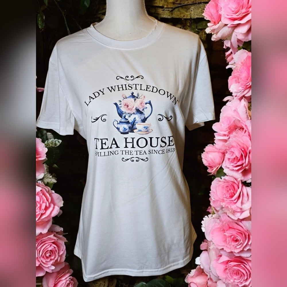 Lady Whistledown White Tea House Graphic T-Shirt/Bridgerton Size XXL